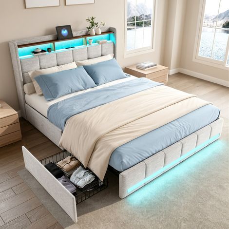 Lit double 140x190 cm, Lit capitonné avec 4 tiroirs de rangement, Lit coffre avec LED et USB, cadre de lit avec sommier, Lin Beige (1/5)