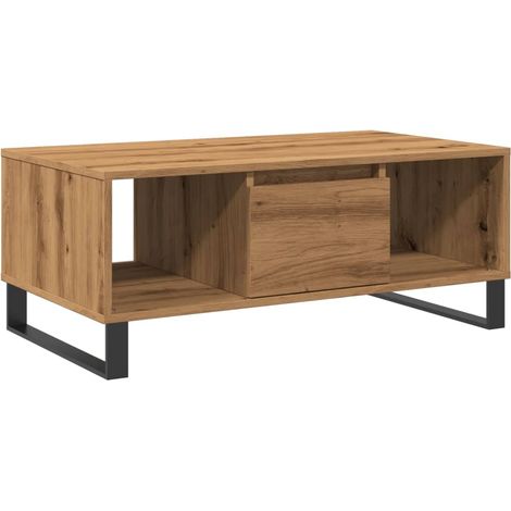 Mesa de centro de diseño moderna y contemporánea con cajón y compartimentos abiertos 90 x 50 x 36,5 cm madera de ingeniería en color roble y metal DEC038298