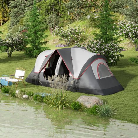Tente camping 6 places 2 chambres séparées polyester fibre verre grise - Dimensions: 450x215x180 cm