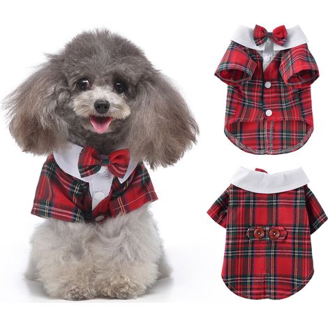 1 costume chien nœud papillon, smoking carreaux rouge, polyester, ajustable S à XL, pour chiens et chats, mariages et fêtes (1/5)