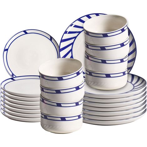 Dinnerware Set White and Blue Porcelain 24 Elements Glazed Finish Decorative Edge For 8 People Handmade Dining Room Kitchen SHISO