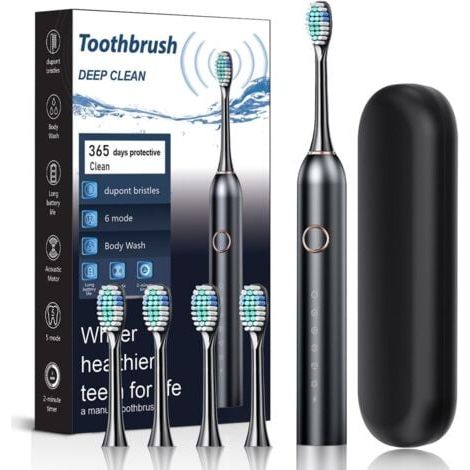 Brosse à Dent Électrique Soniques,Avec 4 Têtes de Brossage,6 Modes, Minuterie Intégrée de 2 Minutes,Rappel de 30 Secondes,Étui de Voyage Inclus,IPX7,Homme/Femme (Black) (1/5)