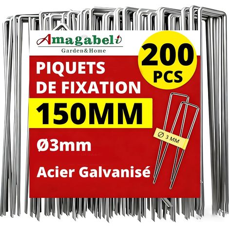 200 Piquets de Jardin Pelouse Agrafe Toile de Paillage en Forme de U - 150 mm Long - Ongles Mauvaises Herbes Tissu Piquets Galvanisé Piquet de Fixation en Acier pour Bache (1/5)