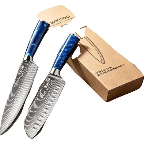 Juego de cuchillos, diseño profesional en acero inoxidable, mangos ergonómicos, resina azul. (1/2)