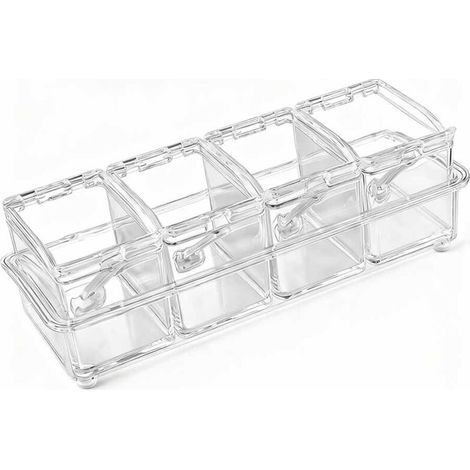 Un ensemble comprend 4 pots à assaisonnement, un pot à épices avec une cuillère en plastique, un couvercle et une cuillère pour conserver le sel, le poivre, le sucre et les épices.