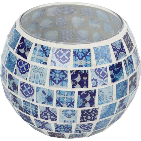 Bougeoir photophore en mosaque de verre bleu et blanc, motifs floraux, romantique et chaud, Texture artisanale, bougeoirs votifs