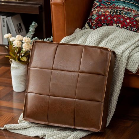 Pouf marocain carré en Similicuir Marron – Repose-Pieds de Salon 45x45x15 cm – Housse Vide à remplir – Design Vintage élégant (1/5)