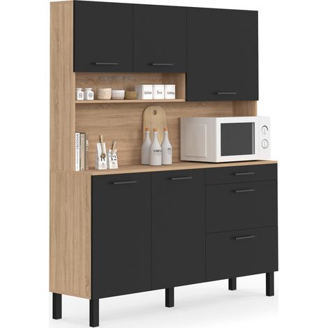 Idmarket – Buffet casserolier de cuisine 140 cm – 5 portes et 3 tiroirs – Finition bois clair et noir – Rangement optimisé pour cuisine moderne