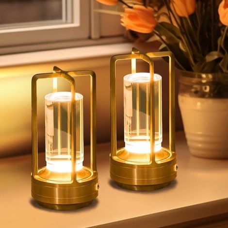 Kabellose Tischleuchte mit Ladefunktion, 3 Kristall stufenloser Dimmer, für Schlafzimmer, Café, Bar, Esstisch, Restaurant, Gold (2) (1/5)