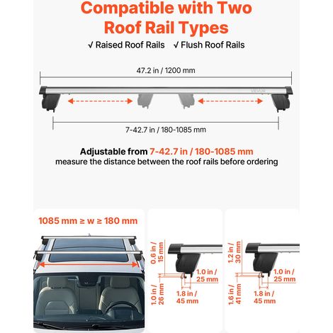 Barres Transversales de Toit, Barre Porte Bagages Charge 75 kg 120 cm, pour Rails de Toit Surélevés et Intégrés avec Écartement 18-… (1/5)