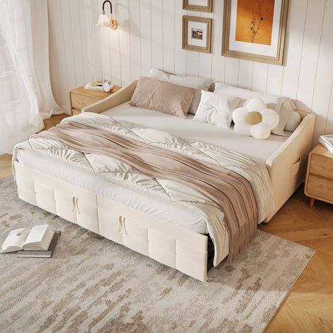 Multifunktionales Schlafsofa 90/180x200 cm - mit ausziehbarem Bett - seitlichen Taschen - Samtbezug - Lattenrost - erweiterbares Sofa-Bett - Beige