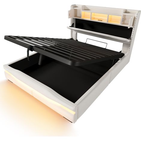 Letto contenitore imbottito 160 x 200 cm beige con LED, USB e presa, sollevamento idraulico (1/5)