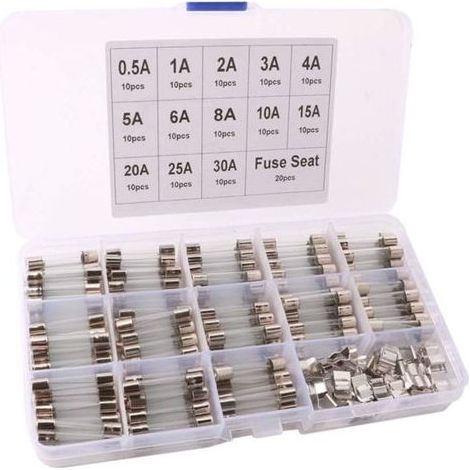 Kit professionale di 150 fusibili a tubo di vetro a fusione rapida per auto, formato 6x30 mm: 130 fusibili a tubo di vetro a fusione rapida + 20 portafusibili, con scatola di plastica trasparente. (1/4)