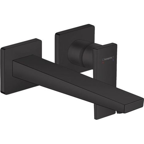 mitigeur lavabo encastré mural, bec 225mm, bonde écoul libre noir mat