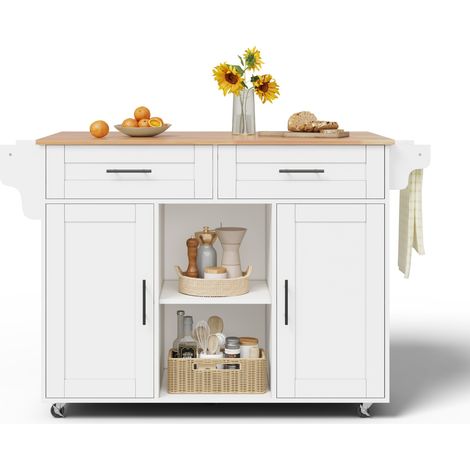 Îlot de cuisine mobile multifonction 145 × 45 × 94,5 cm avec plan de travail rabattable, étagères réglables, 5 roulettes et tiroir à couverts dissimulé, pour cuisine, salle à manger et salon