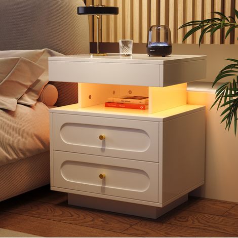 Mesita de noche LED 50x40x60 cm en paneles de madera blanca con almacenaje FloraGrace (1/5)