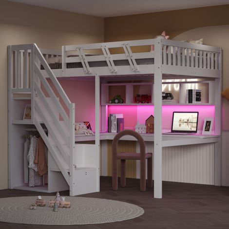 Massivholzbett , Treppe mit Aufbewahrungsschrank, mit einem Schreibtisch,mit USB-Steckdose und mit LED-LichtKinderbett, Jugendbett, Einzelbett, Massivholzrahmen, hohe Ausführung