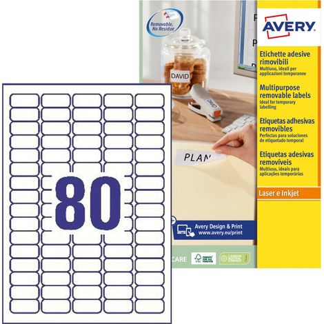 Avery L4732REV-25 Étiquettes Adhésives Amovibles Blanches, 35,6x16,9 mm, 80 Étiquettes Par Feuille, 25 Feuilles A4, Laser Et Jet D'encre (1/5)