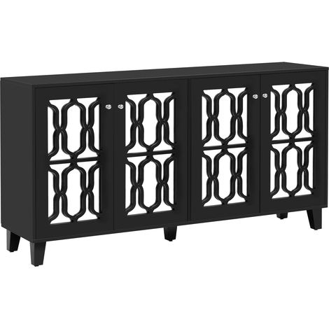 Credenza nera effetto specchio a 4 ante con maniglie in cristallo, MDF, 160 x 40 x 84 cm (1/5)