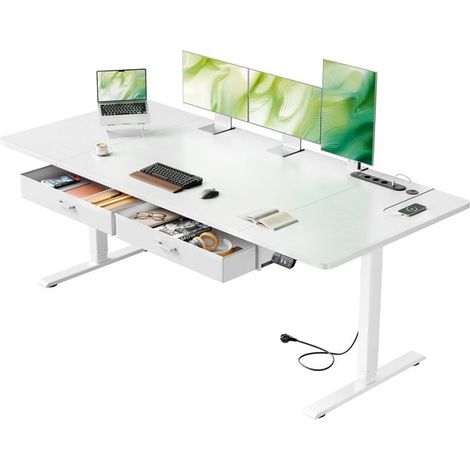EcoFurnix Scrivania Elettrica Regolabile in Altezza, 180x 80 cm, con Presa di Corrente Integrata, 2 Cassetti Rimovibili, Porta USB-C, Bianco