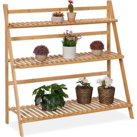 Relaxdays Estantería Plantas de Bambú, Soporte con 3 Baldas, 96 x 99,5 x 37 cm, Escalera Flores Plegable, Natural