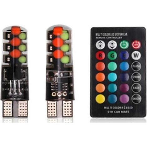 Lot de 2 ampoules LED RGB T10 W5W pour plafonnier de voiture, feux de gabarit avec télécommande (1/5)