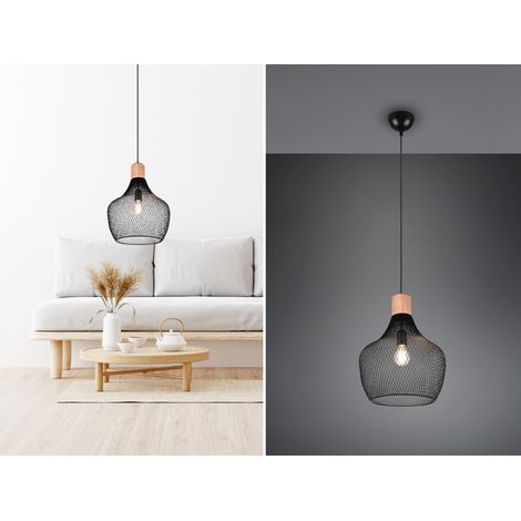 Vintage LED Pendelleuchte Drahtgeflecht Schwarz mit Holz Ø 33cm (1/5)