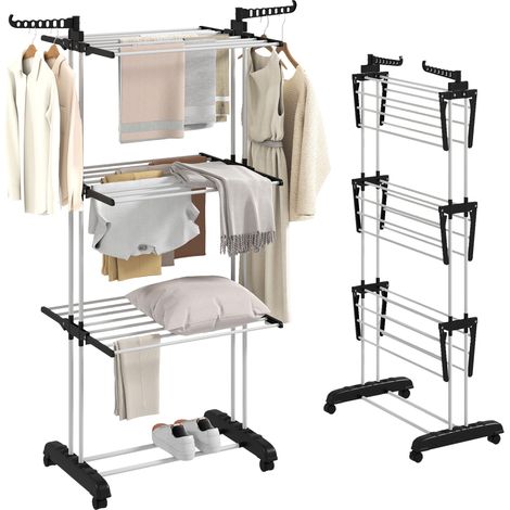 Étendoir à linge pliable à roulettes, 3 niveaux avec rallonges et cintres, 73 x 64 x 172 cm, noir et blanc (1/5)