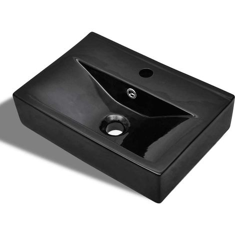 vidaXL Lavabo rectangular de cerámica hueco de grifo/desagüe negro (1/5)