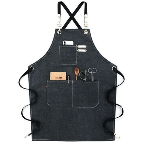 Grembiule da cucina in cotone e lino idrorepellente con design incrociato sulla schiena e vestibilità regolabile, colore nero. (1/4)