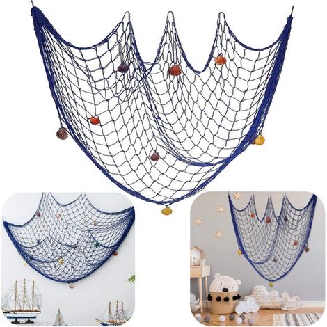 Filet de pêche décoratif 100 x 200 cm - décoration murale marine avec 9 coquillages (1/5)