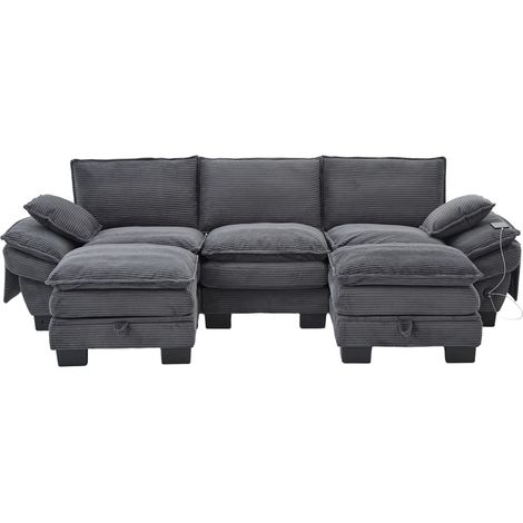 3-Sitzer-Modulsofa aus dunkelgrauem Cord mit 2 Hockern und USB-C (1/5)