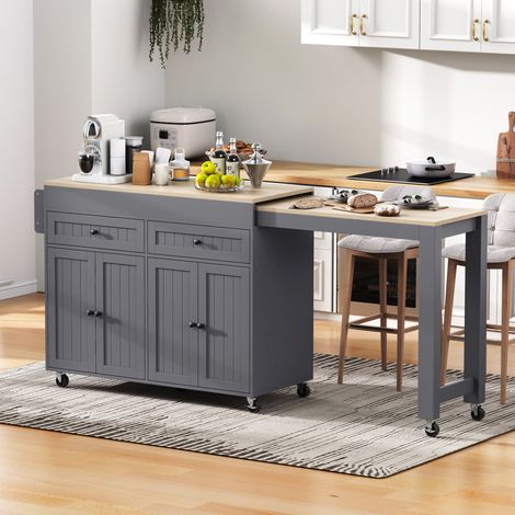 Îlot cuisine gris+naturel sur roues, avec tiroirs, pour cuisine et salle à manger, plan de travail et tiroirs intégrés