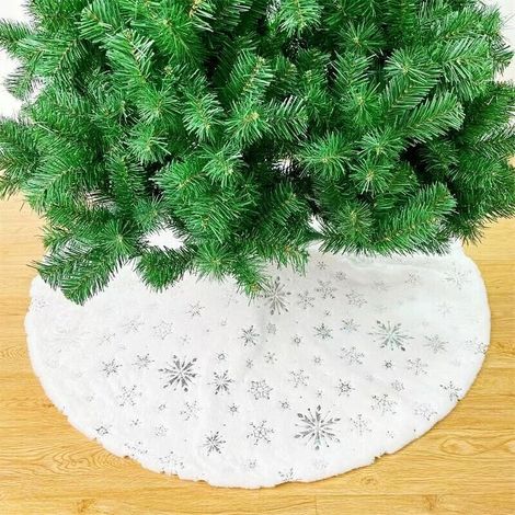 Jupe d'arbre de Noël Jupe d'arbre de Noël en peluche blanche Décoration de fête de Noël Jupe d'arbre de flocon de neige, Argent, 150 cm (1/3)