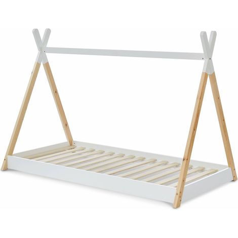 Lit Tipi en bois massif. pin naturel blanc - sommier inclus. 90x190cm - Tobias