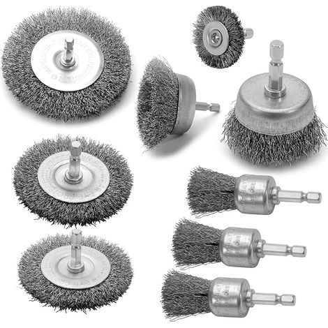 Set of 9 coarse wavy wire brushes for drill, carbon steel wire brush with hexagon for paint removal (1/5)