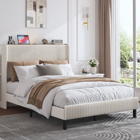 Letto imbottito classico 140x200 cm in velluto a coste beige e crema, testiera scanalata con ali, rete in metallo (1/5)