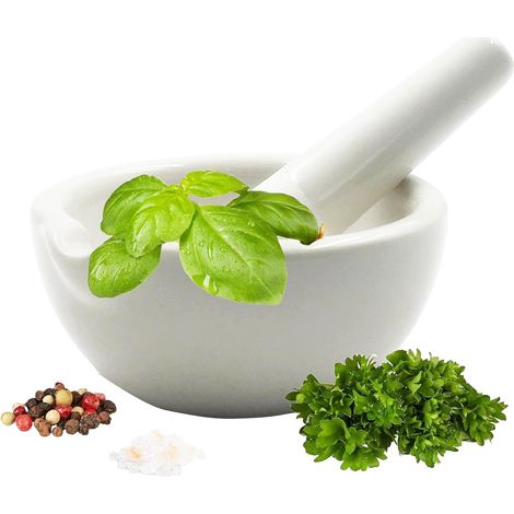 Mortier en Céramique D'herbes épicées, Petit Mortier et Pilon Blanc Crème, Mortier à épices en Céramique, Idéal pour Broyer des Espèces, des Herbes, des Médicaments ou D'autres Substances (1/5)