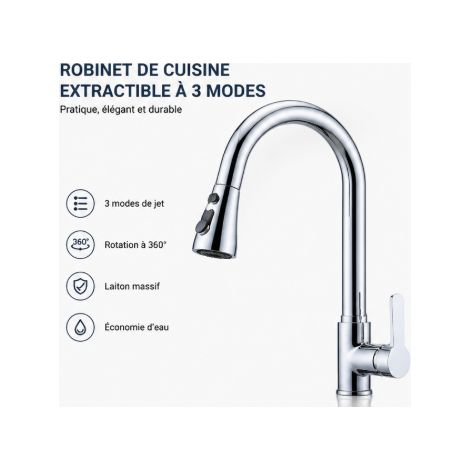 Robinet de cuisine avec douchette extractible – rotation à 360° – acier inoxydable – trois jets, avec flexible d'alimentation – dimensions 25 x 42 cm (1/4)