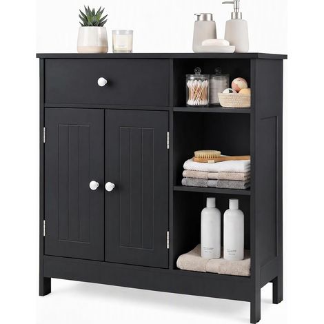 COSTWAY Meuble de Salle de Bain, Armoire avec Tiroir, Placard, Noir