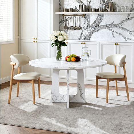 MEUBLIV Ensemble table à manger ronde 120 cm blanc – effet marbre, 2 chaises modernes (1/5)
