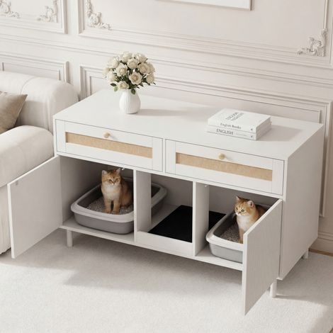 Meuble à litière pour chat avec tapis, meuble pour animaux avec tiroir en rotin, buffet/meuble TV pour animaux, sans bac à litière, blanc, 120 x 50 x 65 cm (1/5)