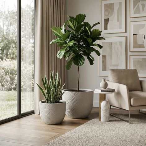 Jardinières rondes en béton gris, 2 pièces, pots décoratifs rustiques faits main, avec trous de drainage, intérieur extérieur, 37x28 cm et 45x35 cm (1/5)