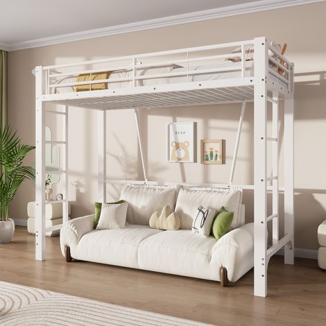 Lit mezzanine, 90 x 200 cm, cadre de lit en métal, échelle double, espace de rangement ouvert sous le lit, matelas non inclus, blanc, lit enfant avec rangement, design moderne et fonctionnel (1/5)