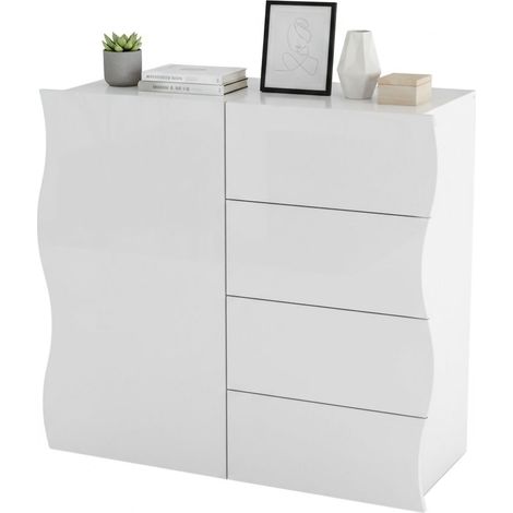 Dmora Aparador moderno, Aparador de diseño, con 1 puerta y 4 cajones, Made in Italy, Mueble para TV, Buffet de salón, cm 90x40h81, color blanco brillante, con embalaje reforzado