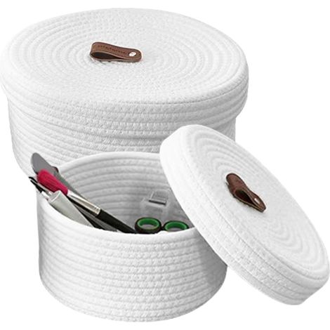 Panier Rangement - 2 Pièces Panier de Rangement Rond Tissé avec Couvercle, Panier en Corde De Coton Convient pour La Cuisine, Le Salon, La Salle De Bain (Blanc) (1/5)