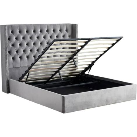 Lit COFFRE 2 places 160X200 cm CLOUTE velours GRIS (1/4)