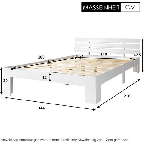 Lit double 140x200 cm - Bois massif - Tête de lit incluse - 2 places - Design compact et rustique (1/5)