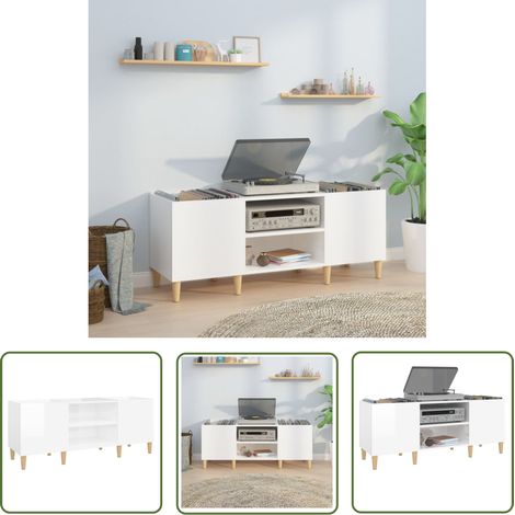 The Living Store Armoire à disques blanc brillant 121x38x48 cm bois d'ingénierie - Meuble À Disques - Armoire Vinyle - Rangement Musique - Étagère Disque - Support Tournivelle (1/5)