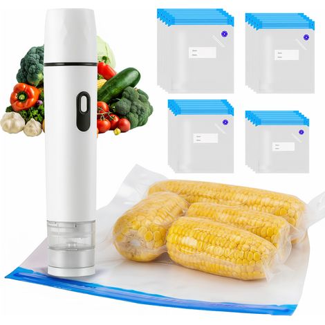 Petite machine à emballer sous vide, machine à vide portable avec une puissance d'aspiration de 60 kPa, thermoscelleuse compacte pour aliments, livrée avec 20 sachets sous vide réutilisables